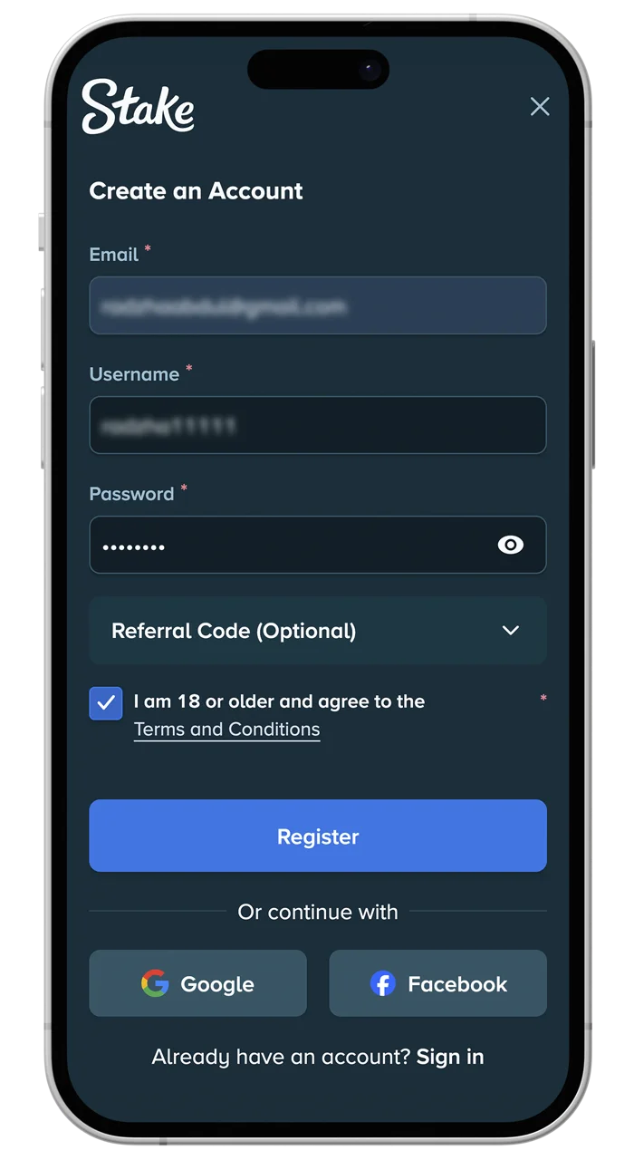 Please only enter accurate information when registering with Stake.