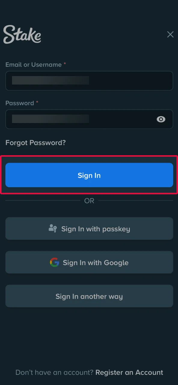 Log in to your account on the Stake website.